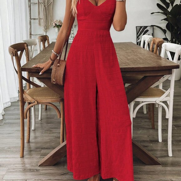 Red Boho Women's V-Neck Backless Bowknot Strap Jumpsuit - Picture 5 of 6